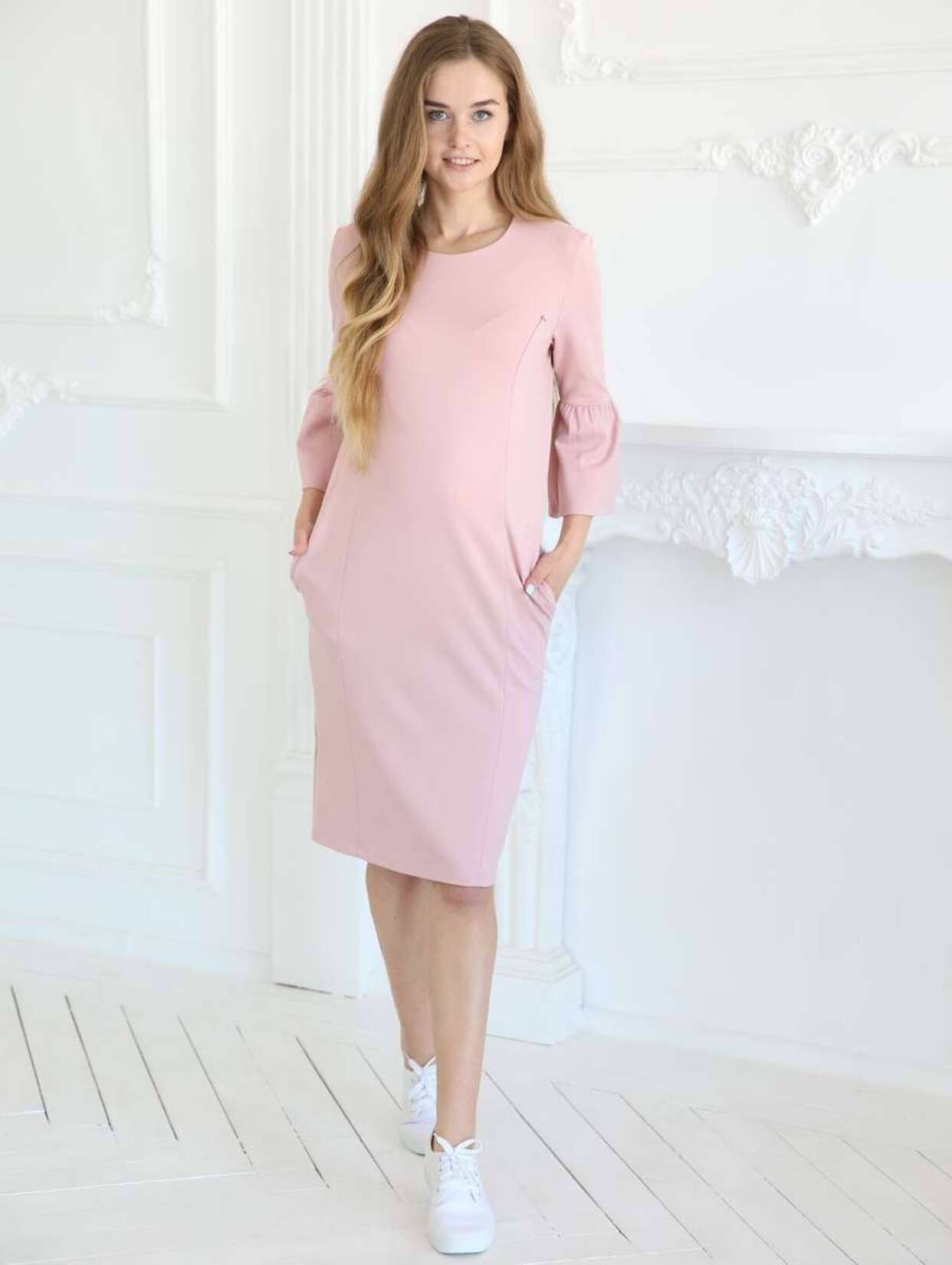 Одежда для кормящих мам :: Платья :: Платье длина миди рукав 3/4, светло  розовое, для беременных и кормящих